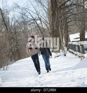 Winter scenery with snow on the ground A couple walking hand in hand along a path