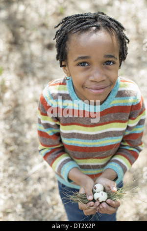 A small boy in a striped shirt holding a nest with three birds eggs Stock Photo