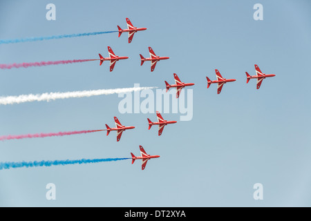 The British Royal Air Force Aerobatic Display team, the Red Arrows in Concorde formation during their display at the 2013 RIAT Stock Photo