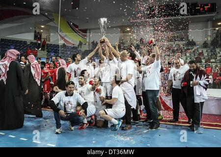 Isa Town, Bahrain. 6th Feb, 2014. Isa Town Bahrain - Final Match in the 16th Asian men 2014 Handball Championship between Bahrain VS Qatar on February 06, 2014 © Ahmed Alfardan/NurPhoto/ZUMAPRESS.com/Alamy Live News Stock Photo