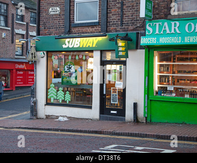 Sign front frontage or facade of a  subway sandwich shop in Mill Street Macclesfield Cheshire England UK Stock Photo