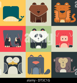 Set flat square icons of a cute animals Stock Photo