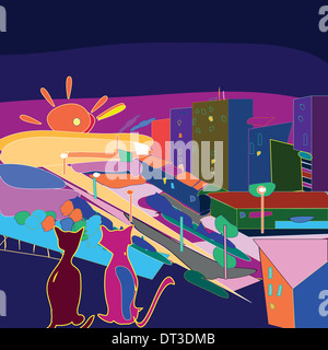city scape on the sunset with two silhouettes of cats Stock Photo