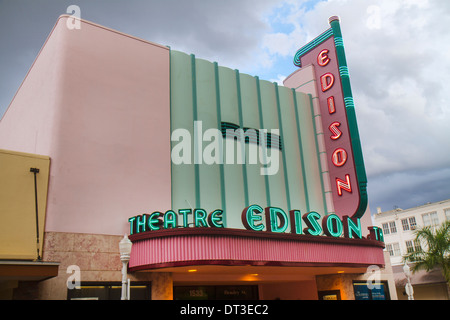 Fort Ft. Myers Florida,downtown,Edison Theatre,theater,neon sign,marquee,visitors travel traveling tour tourist tourism landmark landmarks,culture cul Stock Photo