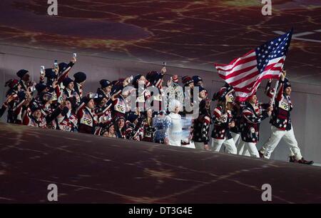 Sochi, Russia. 7th Feb, 2014. 2/8/2014 Sochi, Russia. | The 2014 Sochi Winter Olympics kicked off competition with the Opening Ceremony. Nordic combined skier Todd Lodwick carried the US flag for the Opening Ceremony on Friday in Sochi. Lodwick and the athletes of the USA enter Fisht Stadium during the Opening Ceremony. | Photo Sean M. Haffey UT San Diego. Credit:  U-T San Diego/ZUMAPRESS.com/Alamy Live News Stock Photo