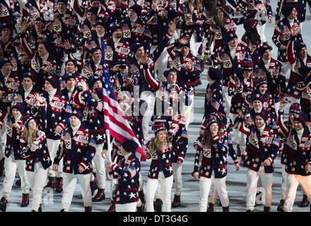 Sochi, Russia. 7th Feb, 2014. 2/8/2014 Sochi, Russia. | The 2014 Sochi Winter Olympics kicked off competition with the Opening Ceremony. Nordic combined skier Todd Lodwick carried the US flag for the Opening Ceremony on Friday in Sochi. Lodwick and the athletes of the USA enter Fisht Stadium during the Opening Ceremony. | Photo Sean M. Haffey UT San Diego. Credit:  U-T San Diego/ZUMAPRESS.com/Alamy Live News Stock Photo