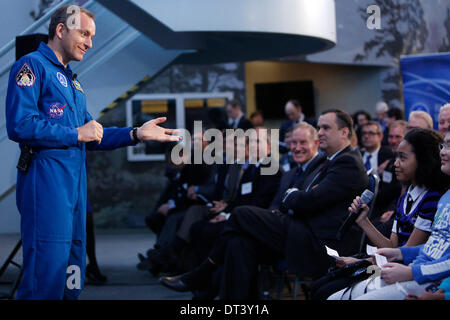 Ottawa, Canada. 7th Feb, 2014. Canadian astronaut David Saint-Jacques takes a question during a press conference in Ottawa, Canada, Feb. 7, 2014. Canadian Industry Minister James Moore Friday unveiled a new plan to develop the country's space industry, in a bid to safeguard Canada's 'sovereignty, security and prosperity.' The new framework emphasized the role of private sectors and international collaboration to develop space industry. Credit:  David Kawai/Xinhua/Alamy Live News Stock Photo