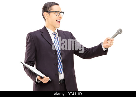 Survey conductor holding clipboard and microphone Stock Photo