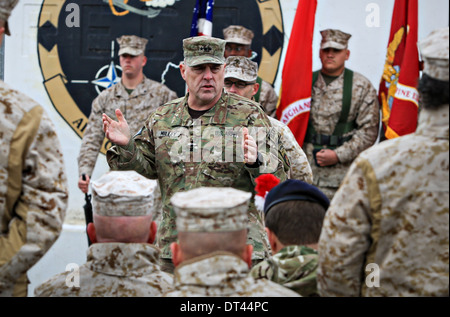 US Army Lieutenant Gen. Mark A. Milley, commanding general, International Security Assistance Force Joint Command, speaks during a transfer of authority ceremony at Camp Leatherneck February 5, 2014 in Washer, Helmand Provence, Afghanistan. Stock Photo