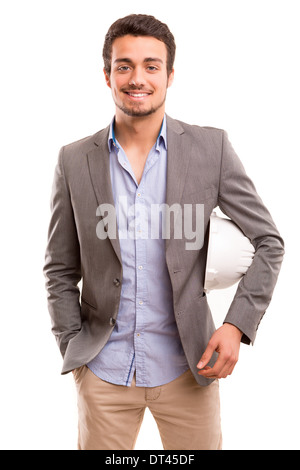 Handsome young engineer posing isolated over white background Stock Photo