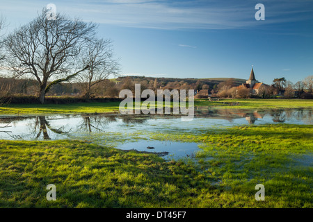 St Andrew's Church in Alfriston during floods, East Sussex, England. Stock Photo