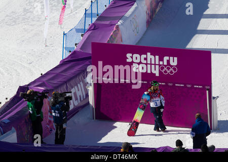 Sochi, Russia. 6th February 2014. 6 Feb 2014, Rosa Khutor, Russia at the Olympic Winter Games Sochi2014. Ladies' snowboard Slopestyle Qualifications in the Rosa Khutor Extreme Park. Jenny Jones of Great Britain, after a failed attempt at bettering her first run score. She would finish 5th in her heat, just outside the Finals pre-qualification bubble. Credit:  Action Plus Sports Images/Alamy Live News Stock Photo