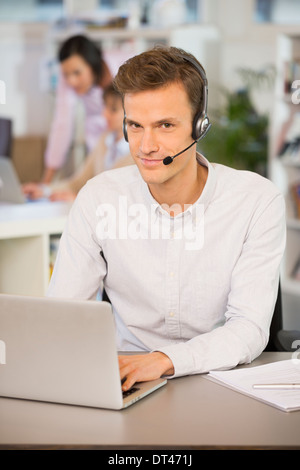 Male calling computer desk video conference Stock Photo