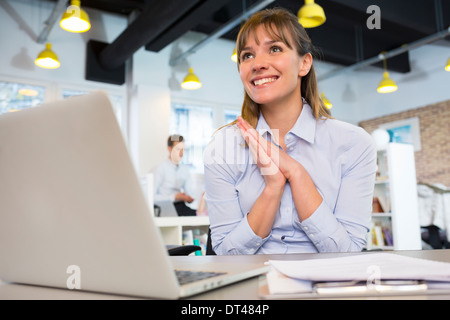 Smiling Business woman cheerful desk satisfaction Stock Photo