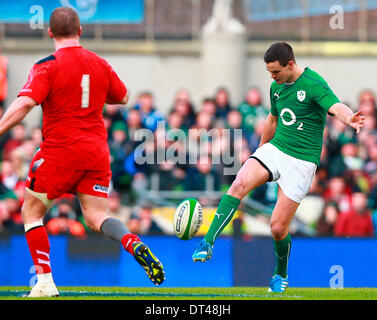 Dublin, Ireland. 08th Feb, 2014. Johnny Sexton (Ireland) chips for the corner during the RBS 6 Nations match between Ireland and Wales at the Aviva Stadium, Dublin Credit:  Action Plus Sports/Alamy Live News Stock Photo