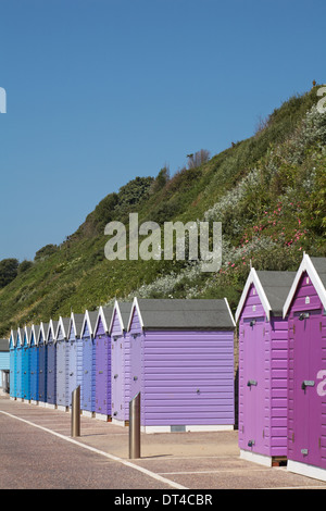 Shades of  purple, mauve and blue beach huts at Boscombe Bournemouth on sunny day in July Stock Photo