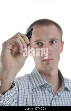 handsome young business man touching screen isolated Stock Photo