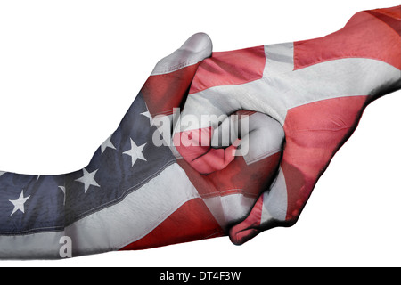 Diplomatic handshake between countries: flags of United States and Denmark overprinted the two hands Stock Photo