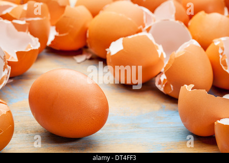 brown chicken egg and empty, broken eggshels on wood background Stock Photo