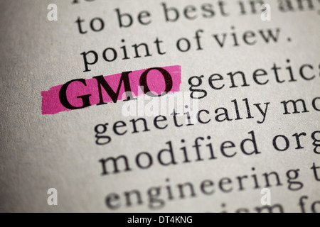 Fake Dictionary, Dictionary definition of the word genetically modified organism. Stock Photo