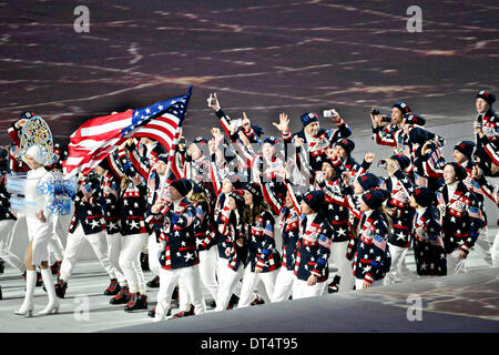 US Winter Olympic team marches into the Fisht Olympic Stadium during the opening ceremony of the Sochi 2014 Olympic Winter Games at Olympic Park February 7, 2014 in Sochi, Russia. Stock Photo