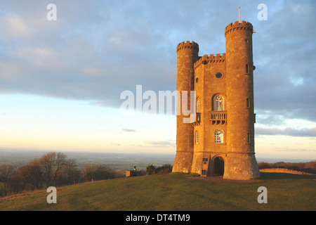 Early Evening Sunset at Broadway Tower a Stone Folly on Broadway Hill in the Cotswolds, Worcestershire England,UK Stock Photo