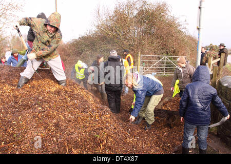 Burrowbridge, Somerset, UK. 9th Feb 2014. Villagers and volunteers shoveling wood chippings into wheelbarrows for volunteers to stabilise the only footpath that links the two halves of the village the path runs alongside the swollen River Parrett. Stock Photo