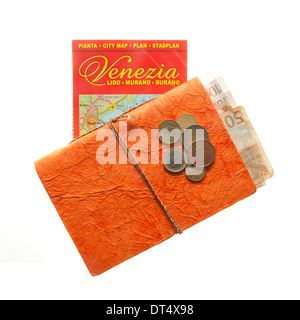 Travel Arrangement of Euro money, Map and notepad diary isolated on white Stock Photo