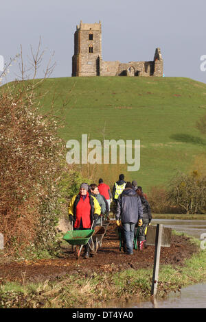 Burrowbridge, Somerset, UK - 9th Feb 2014. Villagers and volunteers carrying wood chippings in wheelbarrows for volunteers to stabilise the only footpath that links the two halves of the village the path runs alongside the swollen River Parrett with Burrow Mump in background. Stock Photo