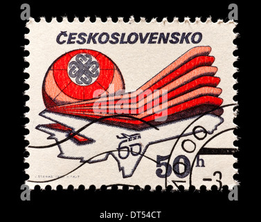 Postage stamp from Czechoslovakia depicting an airplane and emblem, for the 60th anniversary of the Czechoslovakian Airlines. Stock Photo