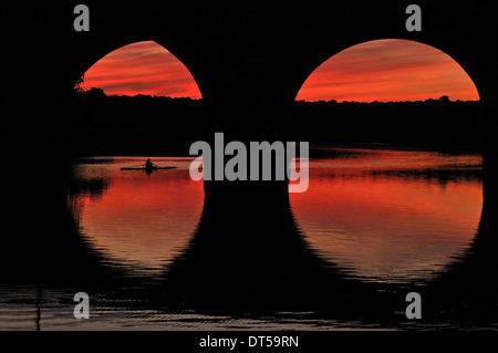 Rower on Schuylkill River at Sunset in Philadelphia, Pennsylvania, USA. Stock Photo