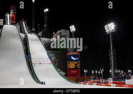 Sochi, Krasnodar Krai, Russia. 09th Feb, 2014. A general view of the venue for the Men's Ski Jump Normal Hill at the RusSki Gorki Jumping Centre - XXII Olympic Winter Games Credit:  Action Plus Sports/Alamy Live News Stock Photo