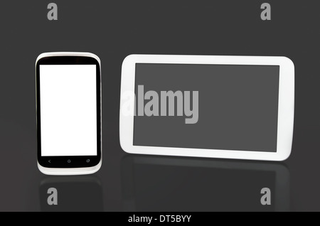 Mobile phone and tablet with blank screen. Modern flat devices with reflection background Stock Photo