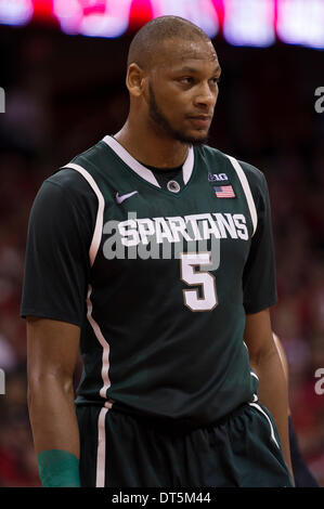 Madison, Wisconsin, USA. 9th Feb, 2014. February 9, 2014: Michigan State Spartans forward Adreian Payne #5 looks on during the NCAA Basketball game between the Michigan State Spartans and the Wisconsin Badgers at the Kohl Center in Madison, WI. Wisconsin defeated Michigan State 60-58. John Fisher/CSM/Alamy Live News Stock Photo
