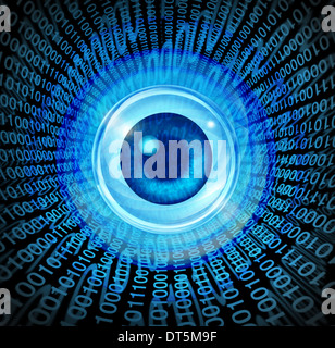 Digital vision high technology concept as an eye with binary code being communicated through the internet media as a symbol of global marketing and programming for future success. Stock Photo