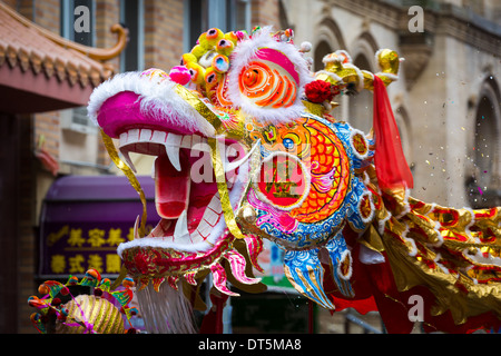 Traditional Chinese Dragon parades at the Lunar New Year Festival in Chinatown. Stock Photo