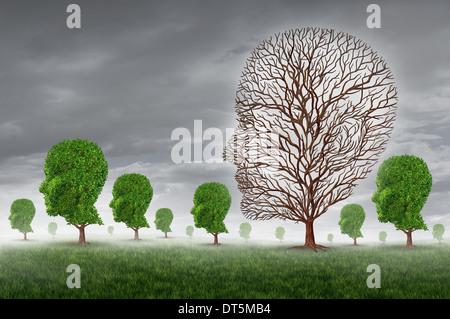 Human death and grief as loss of a loved one concept with a group of trees shaped as a head and one tree with no leaves as a metaphor for community support for greiving victims of disease and aging illness. Stock Photo