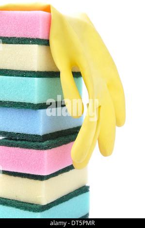 Stack of cleaning sponges and glove Stock Photo