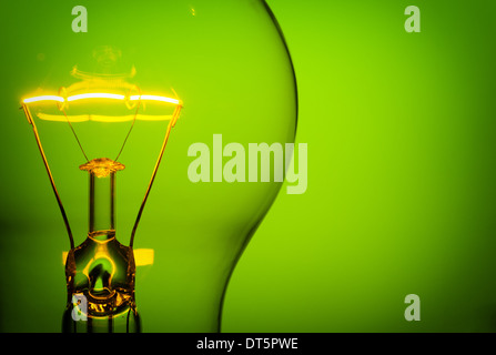 Close up glowing light bulb on green background Stock Photo