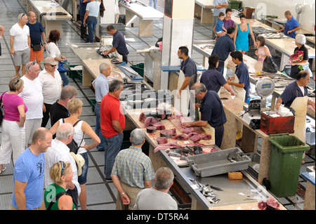 Funchal Madeira People buying fresh fish Mercado dos Lavradores Stock Photo