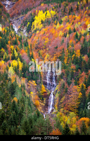Autumn Bujaruelo Ordesa waterfal in colorful fall forest Pyrenees Aragon Huesca Spain Stock Photo