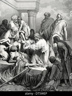 New Testament. Jesus healing the sick. Gospel of Matthew, Chapter IV, Verses 23-25. Drawing by Gustave Dore. Engraving. Stock Photo