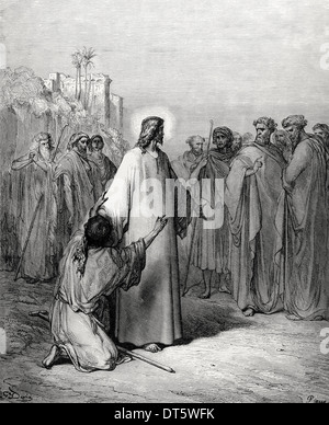 New Testament. Jesus heals a demon-possessed dumb. Gospel of Matthew, Chapter IX, Verses 32-38. Drawing by Gustave Dore. Stock Photo