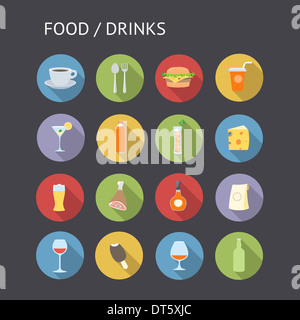 Flat icons for food and drinks. Raster version. Stock Photo