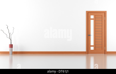 Empty white room with wooden door - rendering Stock Photo