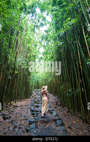 Young woman walking in bamboo grove, Hana, Maui, Hawaii