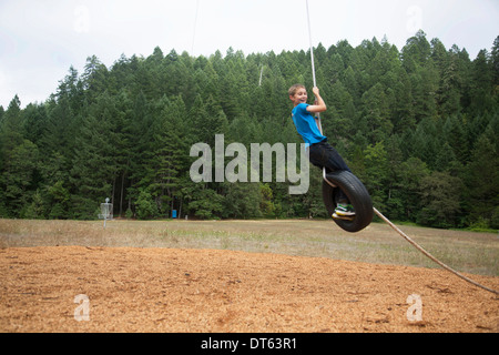 Boy on tire swing Stock Photo