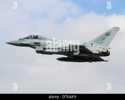 Military aircraft. Eurofighter EF-2000 Typhoon fighter jet plane of the Royal Saudi Air Force flying on takeoff Stock Photo