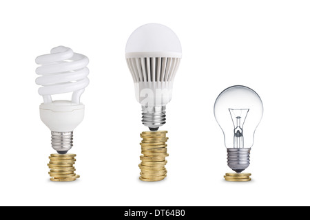 Money saved in different kinds of light bulbs. Isolated on white Stock Photo