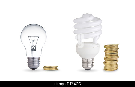 Money saved in different kinds of light bulbs. Isolated on white Stock Photo